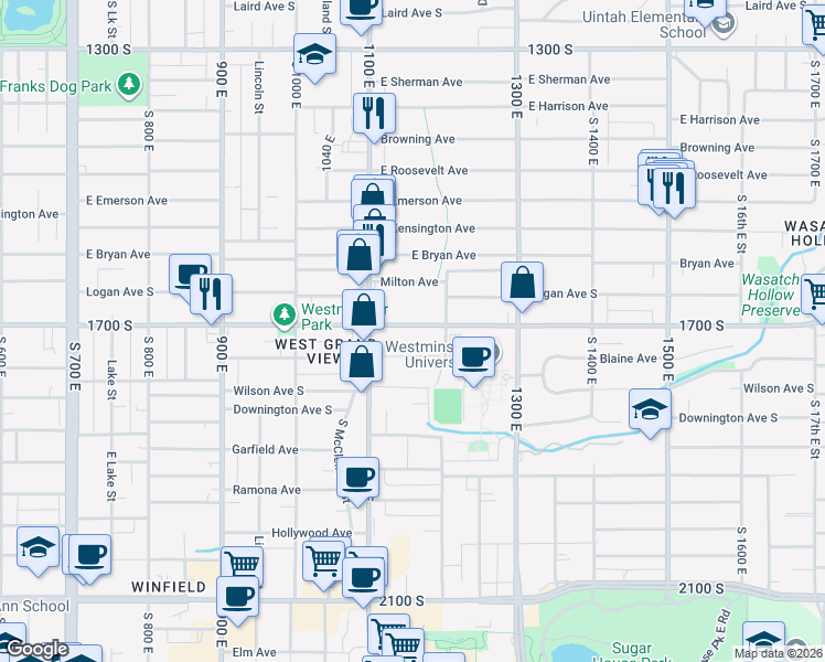 map of restaurants, bars, coffee shops, grocery stores, and more near 1156 East 1700 South in Salt Lake City