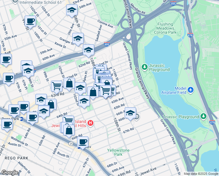 map of restaurants, bars, coffee shops, grocery stores, and more near 108-21 64th Avenue in Queens