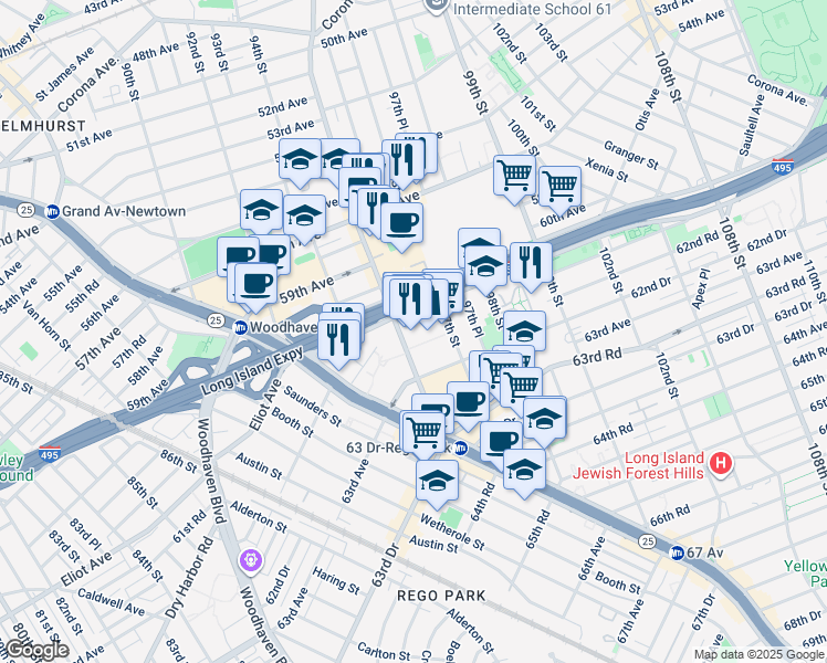 map of restaurants, bars, coffee shops, grocery stores, and more near 61-35 Junction Boulevard in Queens