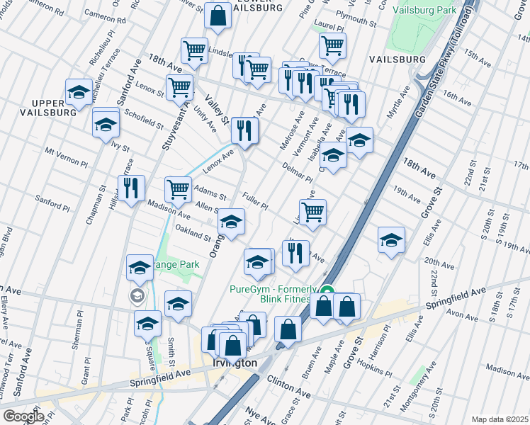 map of restaurants, bars, coffee shops, grocery stores, and more near 96 Fuller Place in Irvington