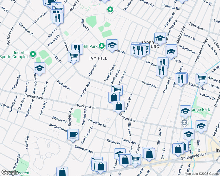 map of restaurants, bars, coffee shops, grocery stores, and more near 664 Irvington Avenue in Maplewood