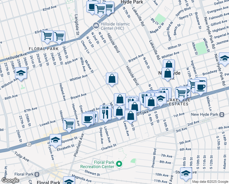 map of restaurants, bars, coffee shops, grocery stores, and more near 520 North 1st Street in New Hyde Park
