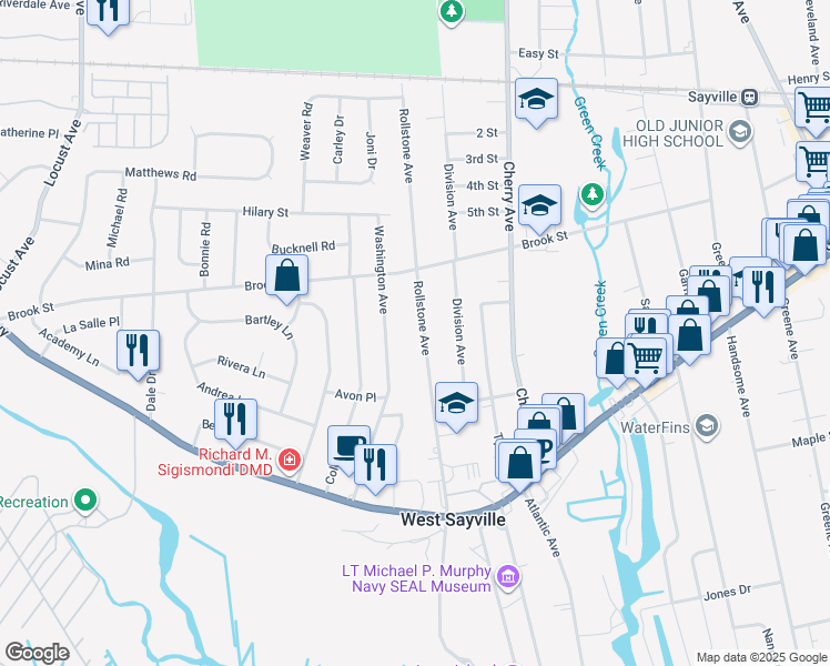 map of restaurants, bars, coffee shops, grocery stores, and more near 100 Rollstone Avenue in West Sayville