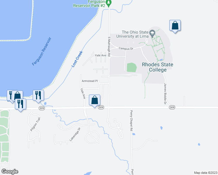 map of restaurants, bars, coffee shops, grocery stores, and more near 532 South Mumaugh Road in Lima