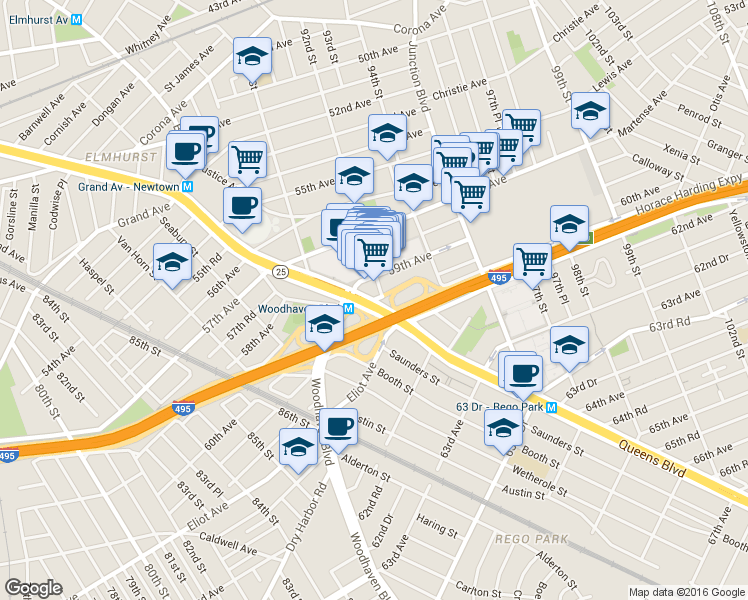 map of restaurants, bars, coffee shops, grocery stores, and more near 92-29 Queens Boulevard in Queens