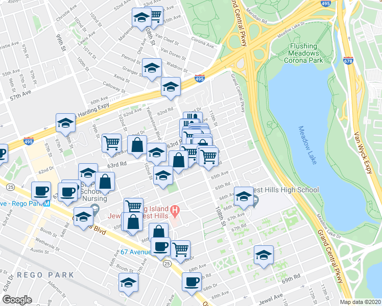map of restaurants, bars, coffee shops, grocery stores, and more near 63-54 108th Street in Queens