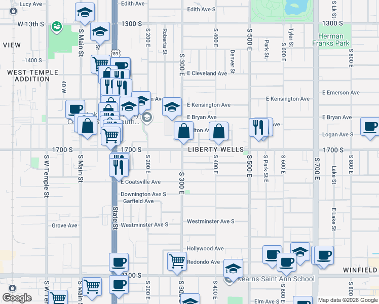 map of restaurants, bars, coffee shops, grocery stores, and more near in Salt Lake City