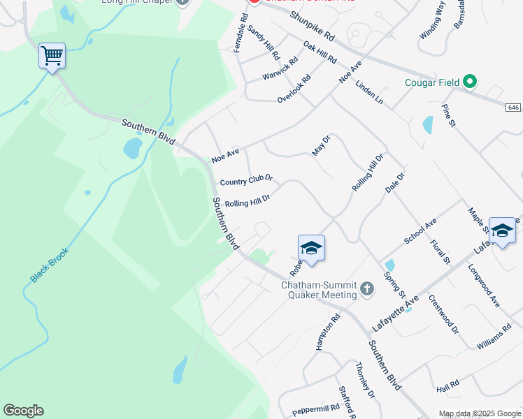 map of restaurants, bars, coffee shops, grocery stores, and more near 12 Rolling Hill Drive in Chatham Township