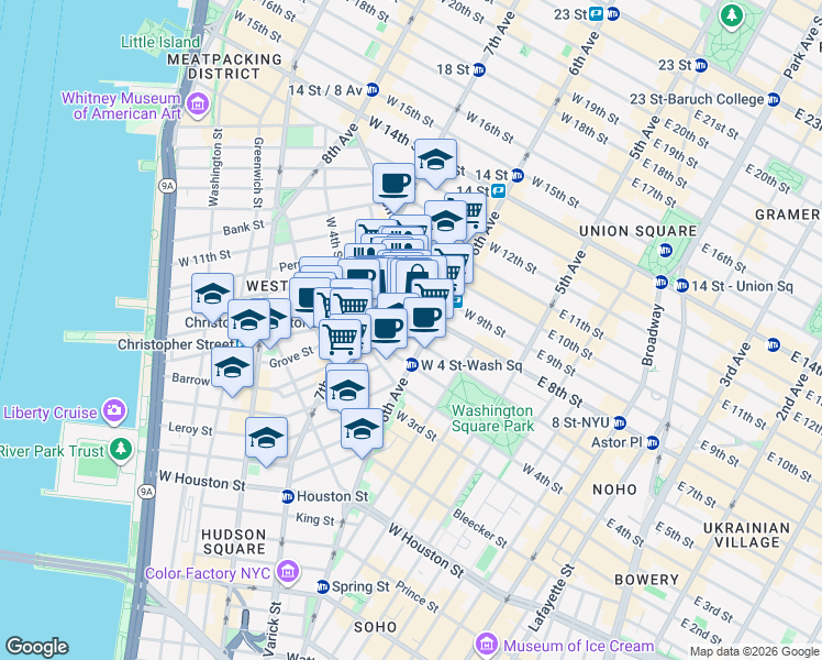 map of restaurants, bars, coffee shops, grocery stores, and more near in New York