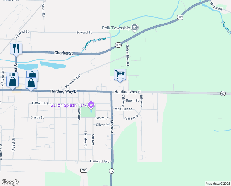 map of restaurants, bars, coffee shops, grocery stores, and more near 1301 Harding Way East in Galion