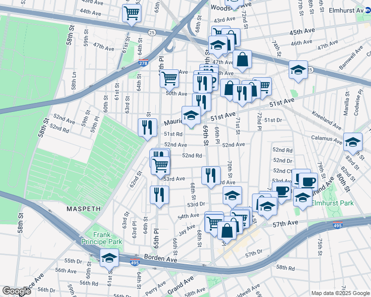 map of restaurants, bars, coffee shops, grocery stores, and more near 67-02 52nd Avenue in Queens