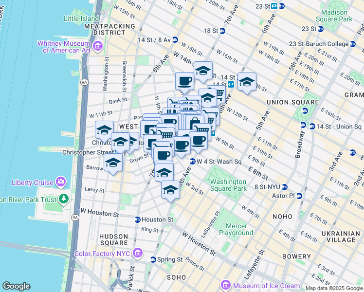 map of restaurants, bars, coffee shops, grocery stores, and more near in New York
