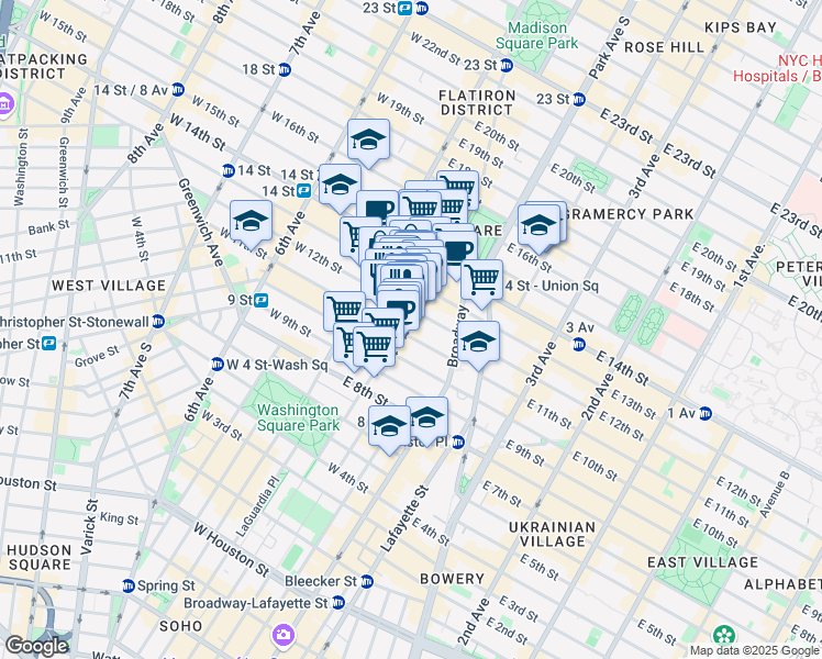 map of restaurants, bars, coffee shops, grocery stores, and more near 86 University Place in New York