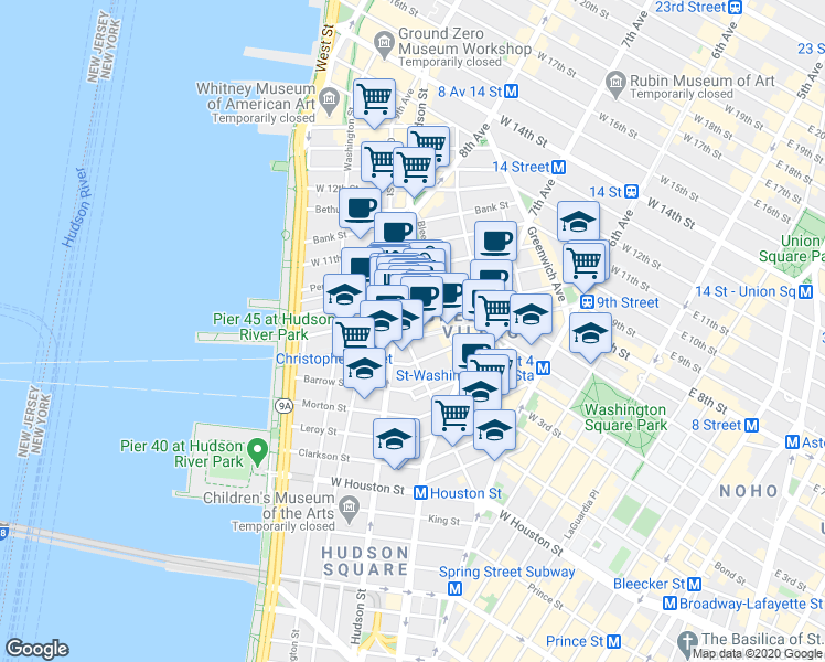map of restaurants, bars, coffee shops, grocery stores, and more near in New York