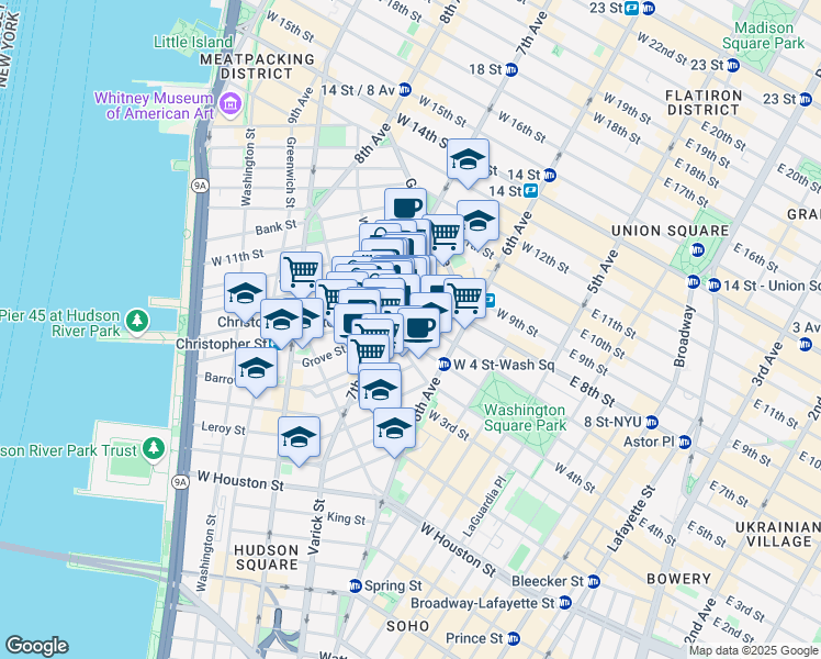 map of restaurants, bars, coffee shops, grocery stores, and more near 92 Grove Street in New York