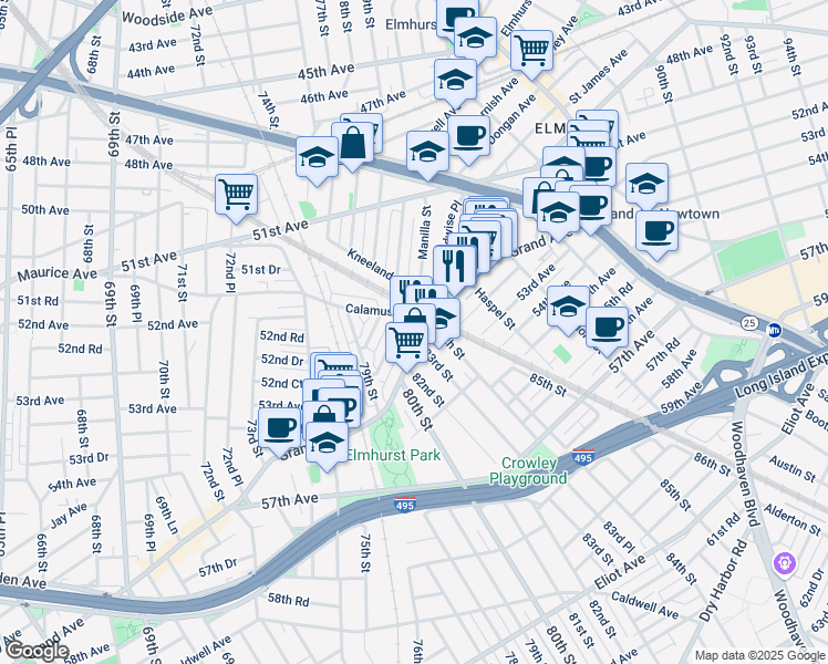 map of restaurants, bars, coffee shops, grocery stores, and more near 84-09 Grand Avenue in Queens