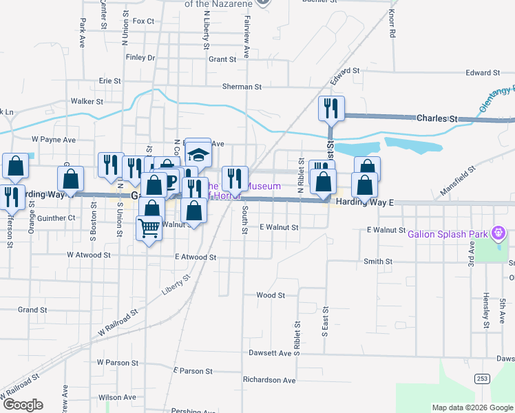 map of restaurants, bars, coffee shops, grocery stores, and more near 546 Harding Way East in Galion