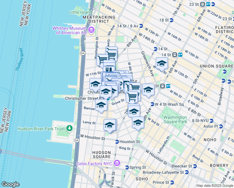 map of restaurants, bars, coffee shops, grocery stores, and more near 113 Christopher Street in New York