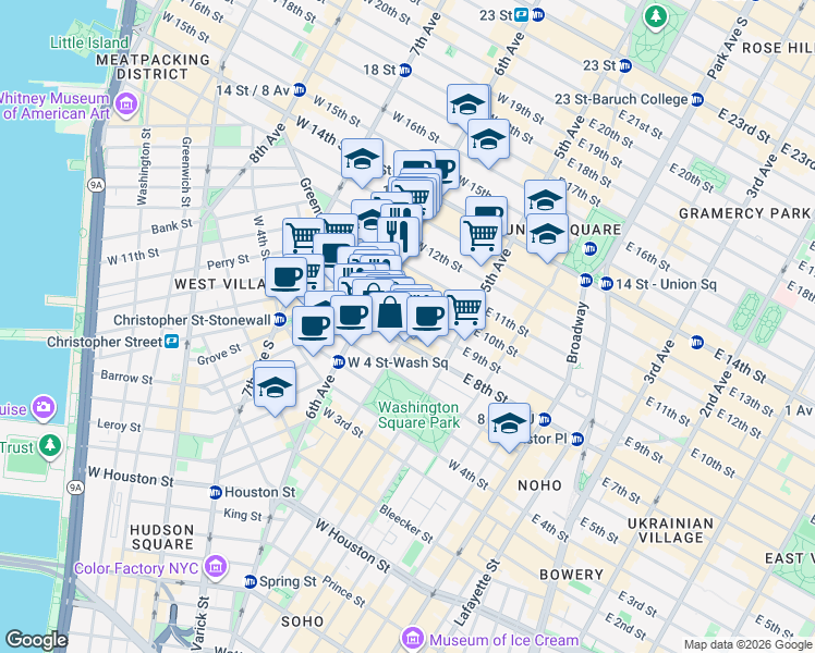 map of restaurants, bars, coffee shops, grocery stores, and more near 53 West 9th Street in New York
