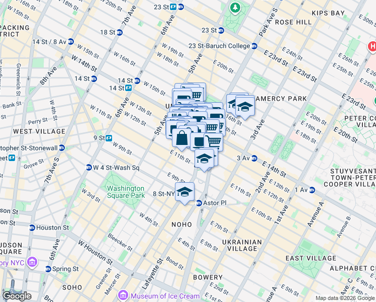 map of restaurants, bars, coffee shops, grocery stores, and more near 40 East 12th Street in New York