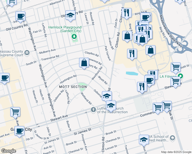 map of restaurants, bars, coffee shops, grocery stores, and more near 43 Westbury Road in Garden City