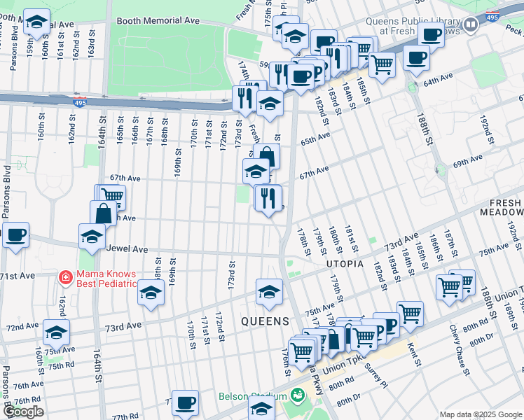 map of restaurants, bars, coffee shops, grocery stores, and more near 67-10 Fresh Meadow Lane in Queens