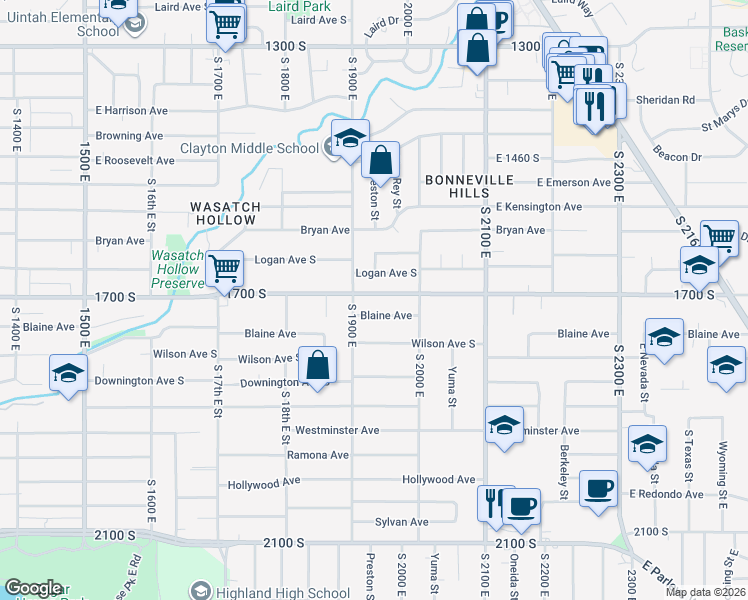 map of restaurants, bars, coffee shops, grocery stores, and more near 1930 Logan Avenue South in Salt Lake City