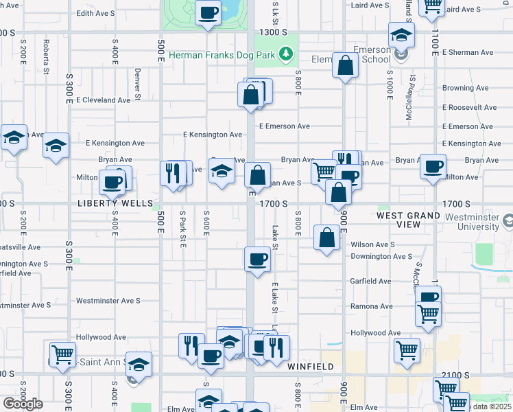 map of restaurants, bars, coffee shops, grocery stores, and more near 687 East 1700 South in Salt Lake City