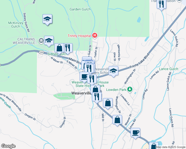 map of restaurants, bars, coffee shops, grocery stores, and more near 34 Center Street in Weaverville
