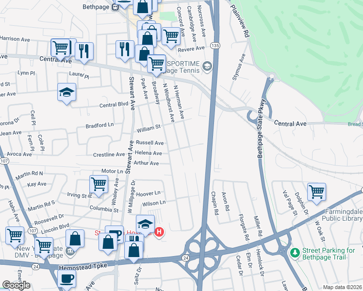 map of restaurants, bars, coffee shops, grocery stores, and more near 135 North Windhorst Avenue in Bethpage