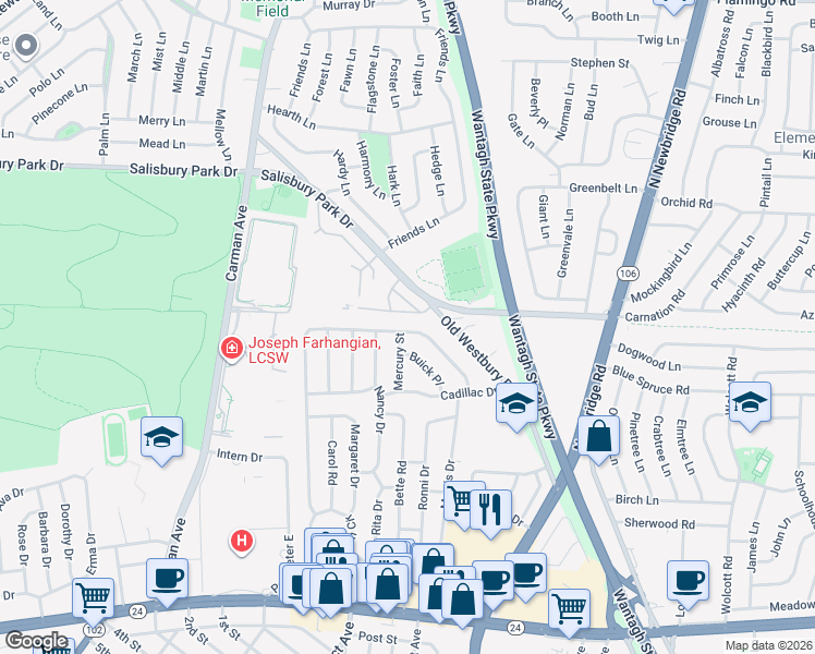 map of restaurants, bars, coffee shops, grocery stores, and more near 4316 Salisbury Park Drive in East Meadow