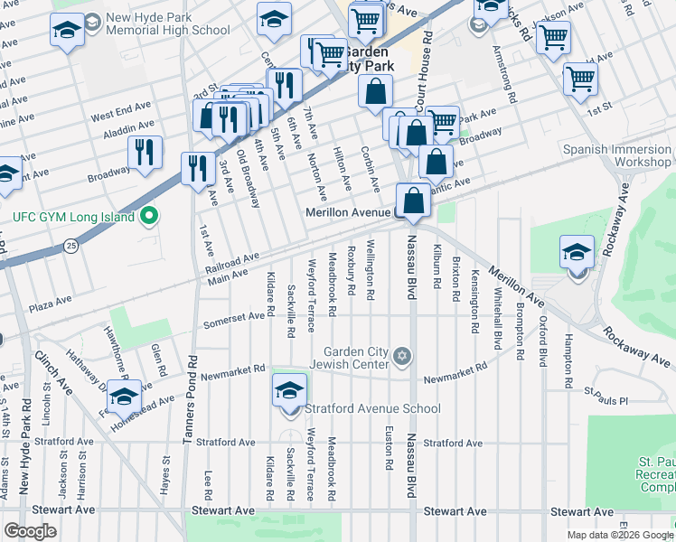 map of restaurants, bars, coffee shops, grocery stores, and more near 210 Meadbrook Road in Garden City