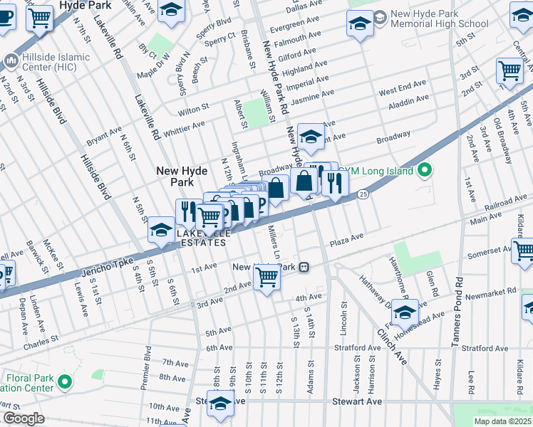 map of restaurants, bars, coffee shops, grocery stores, and more near 1305 Washington Avenue in New Hyde Park