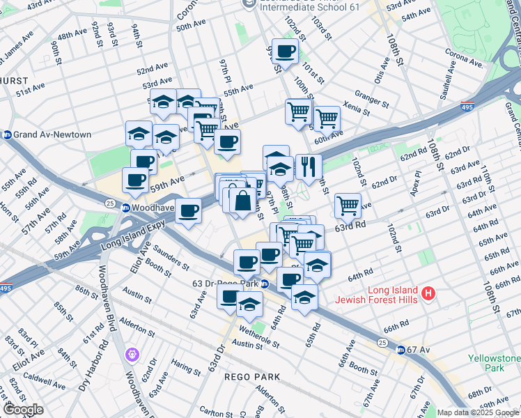 map of restaurants, bars, coffee shops, grocery stores, and more near 61-15 97th Street in Queens