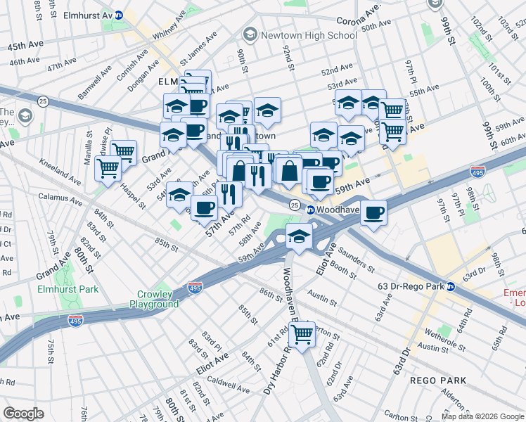 map of restaurants, bars, coffee shops, grocery stores, and more near in Queens