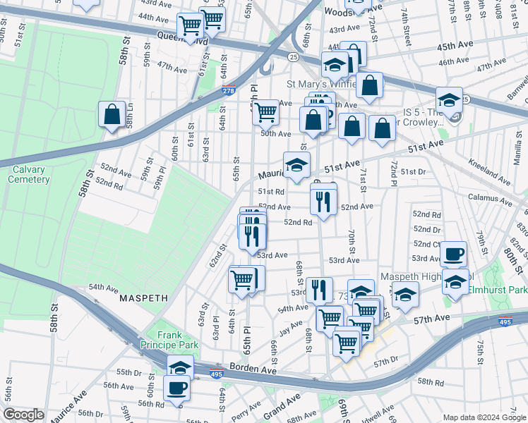 map of restaurants, bars, coffee shops, grocery stores, and more near 51-39 66th Street in Queens