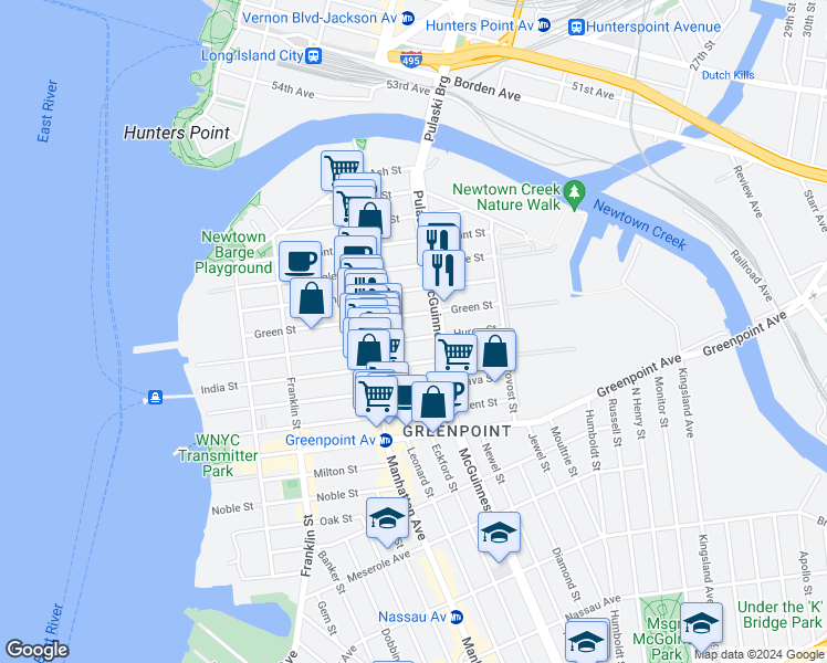 map of restaurants, bars, coffee shops, grocery stores, and more near 207 Green Street in Brooklyn