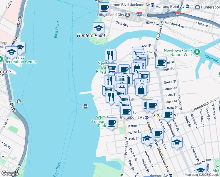 map of restaurants, bars, coffee shops, grocery stores, and more near 74 Freeman Street in Brooklyn