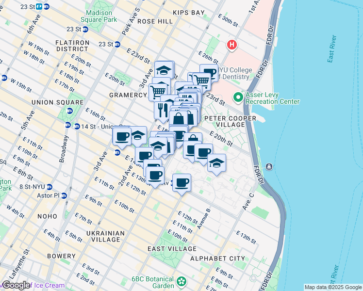 map of restaurants, bars, coffee shops, grocery stores, and more near 300 1st Avenue in New York
