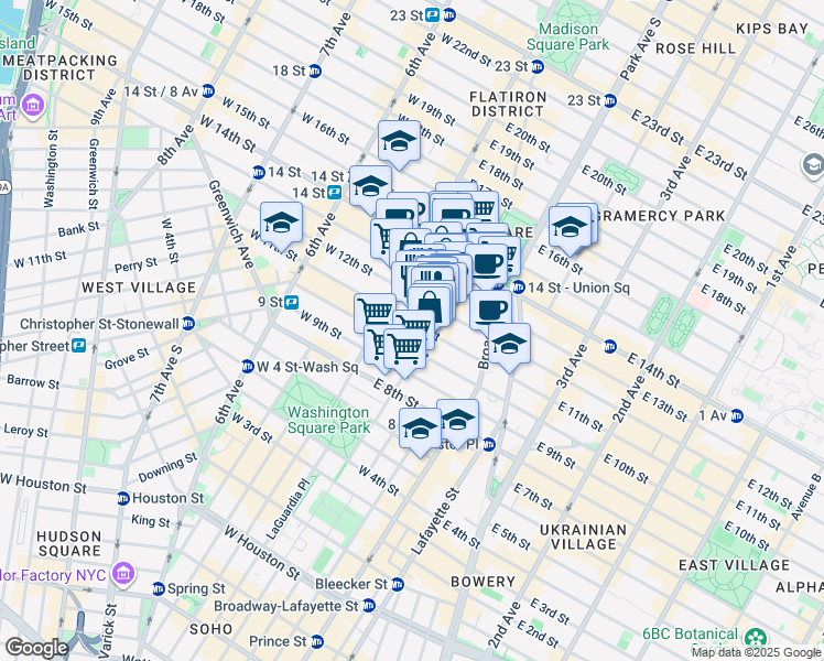 map of restaurants, bars, coffee shops, grocery stores, and more near 86 University Place in New York