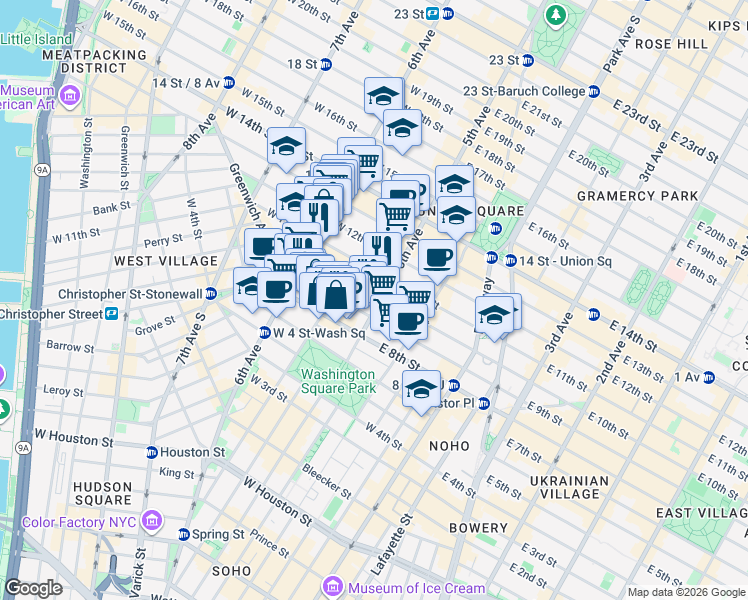 map of restaurants, bars, coffee shops, grocery stores, and more near 19 West 10th Street in New York