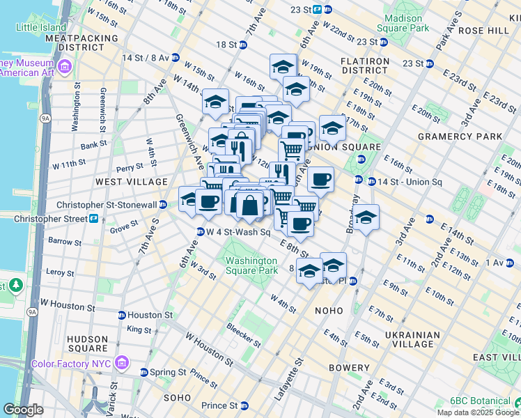 map of restaurants, bars, coffee shops, grocery stores, and more near 19 West 10th Street in New York