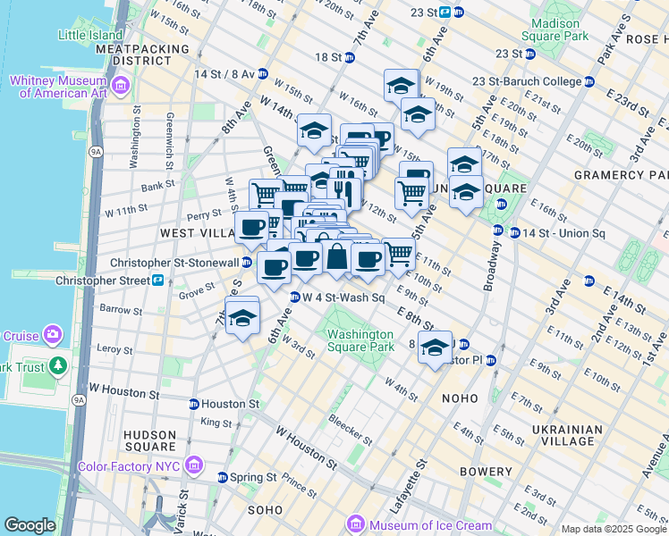 map of restaurants, bars, coffee shops, grocery stores, and more near 53 West 9th Street in New York