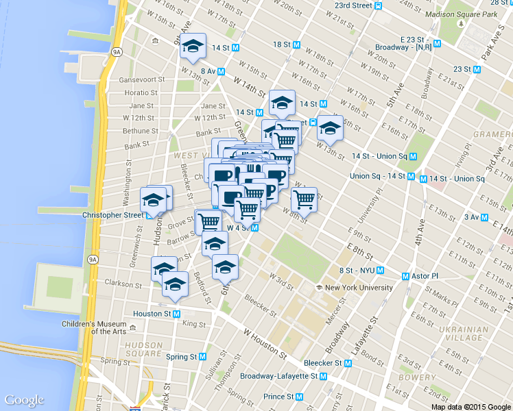 map of restaurants, bars, coffee shops, grocery stores, and more near 169 Waverly Place in New York