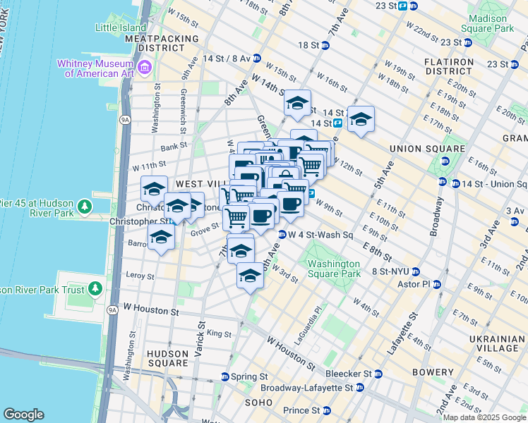 map of restaurants, bars, coffee shops, grocery stores, and more near 169 Waverly Place in New York