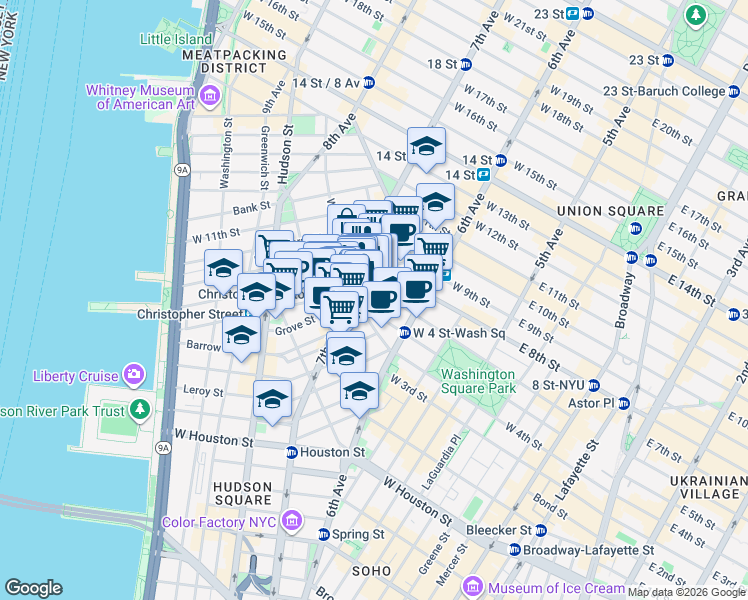 map of restaurants, bars, coffee shops, grocery stores, and more near in New York