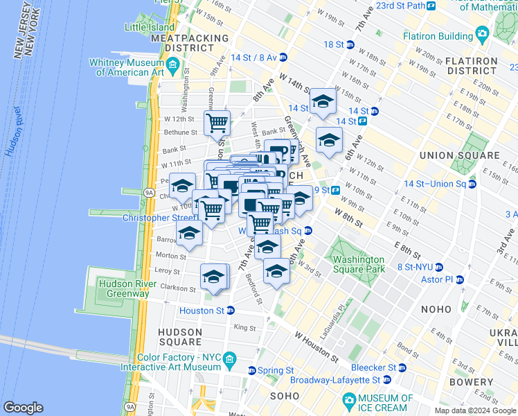 map of restaurants, bars, coffee shops, grocery stores, and more near 341 Bleecker Street in New York