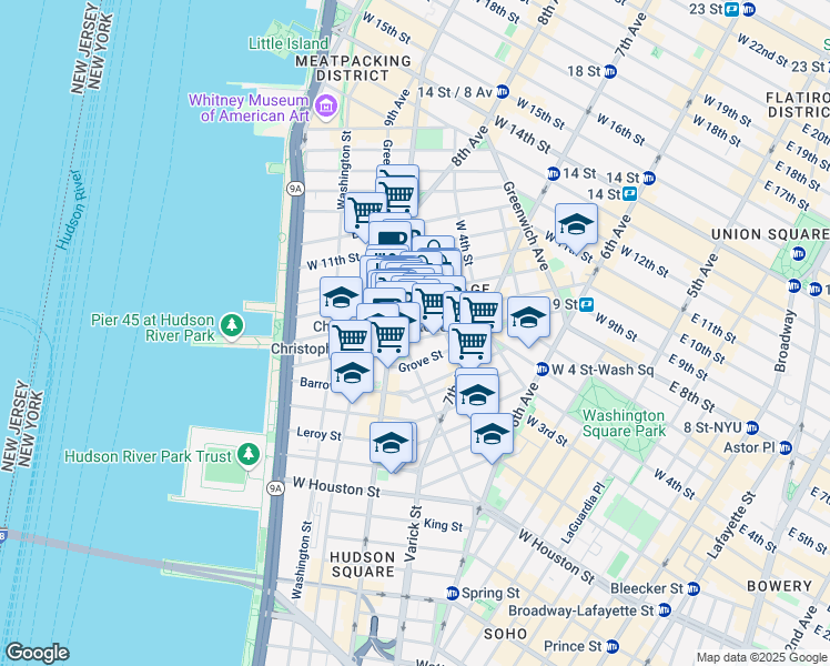 map of restaurants, bars, coffee shops, grocery stores, and more near 233 West 10th Street in New York