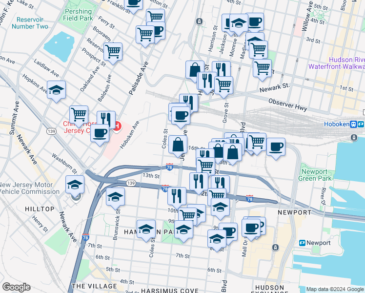 map of restaurants, bars, coffee shops, grocery stores, and more near 825 Jersey Avenue in Jersey City