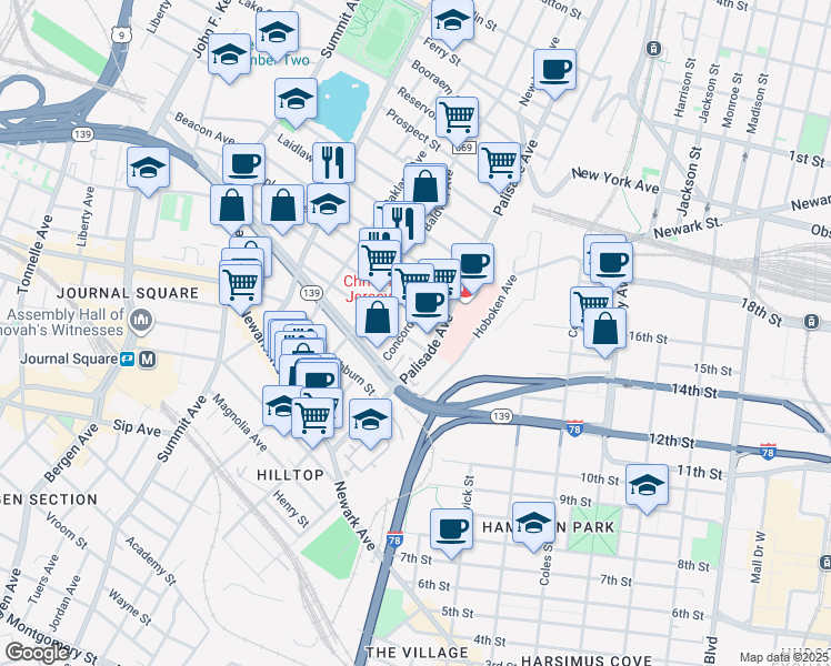 map of restaurants, bars, coffee shops, grocery stores, and more near 22 Saint Pauls Avenue in Jersey City